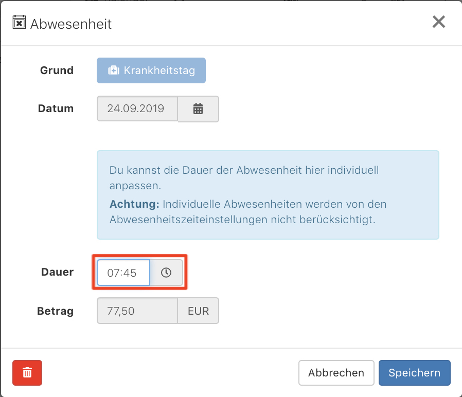 Abwesenheit bearbeiten